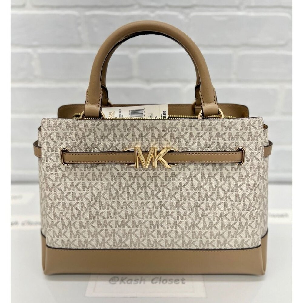 Michael Kors Reed Large Belted Satchel Purse Camel Multi